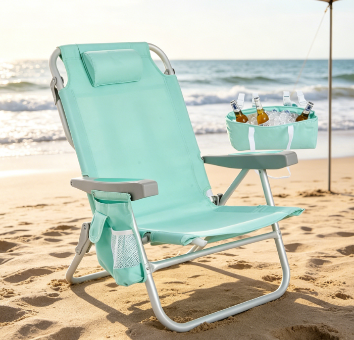 Low-Profile 5-Position Reclining Backpack Chair with Cooler Bag and Cup Holder