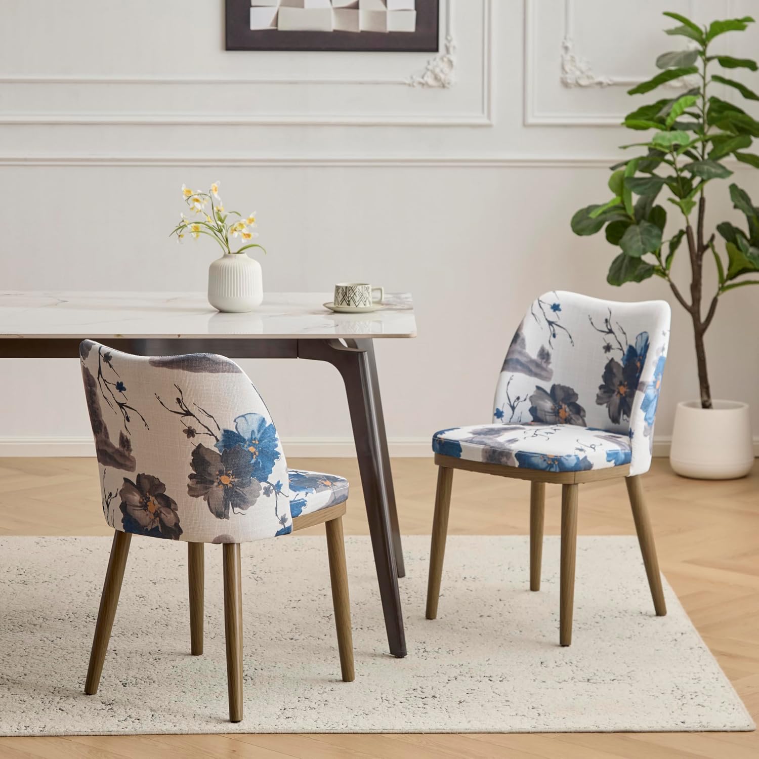 Modern Upholstered Curved Wooden Dining Chairs (Set of 2)